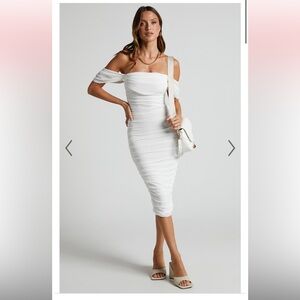 Showpo White Off-Shoulder Ruched Bodycon Dress